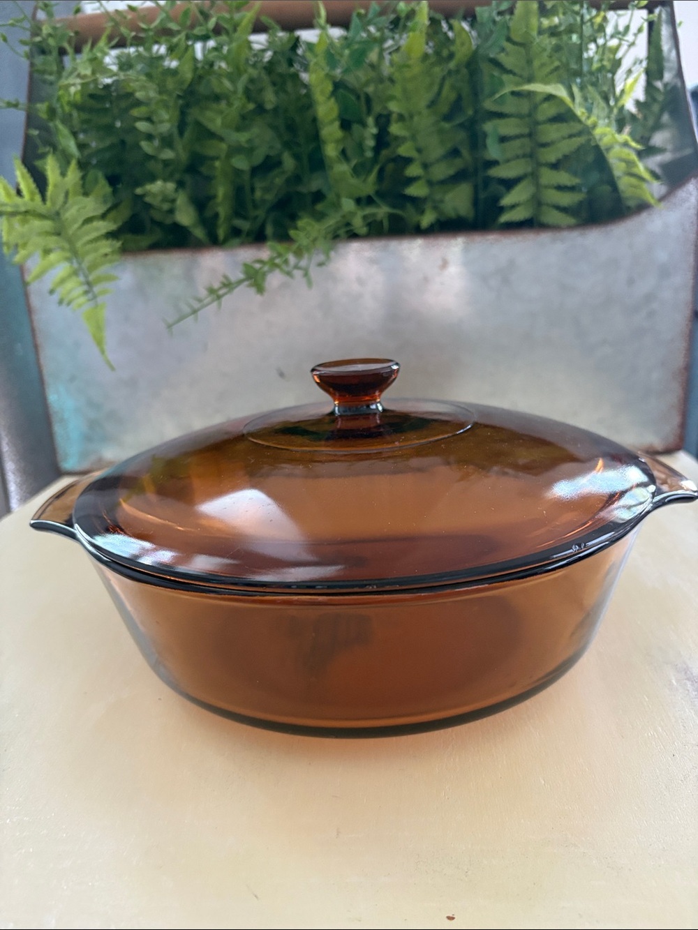 Vintage Anchor Hocking Amber Brown Glass 2QT Casserole Dutch oven Baker with lid